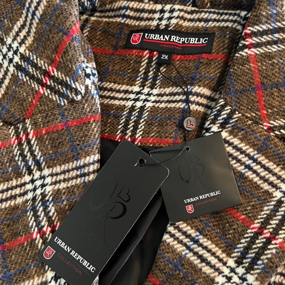 2X Urban Republic Plus Size Red Brown Plaid Flannel Long Coat NEW Jacket Winter - Picture 9 of 15